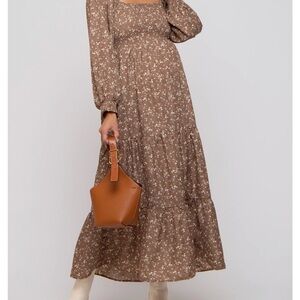 Mocha Floral Smocked Long Sleeve Maternity Maxi Dress